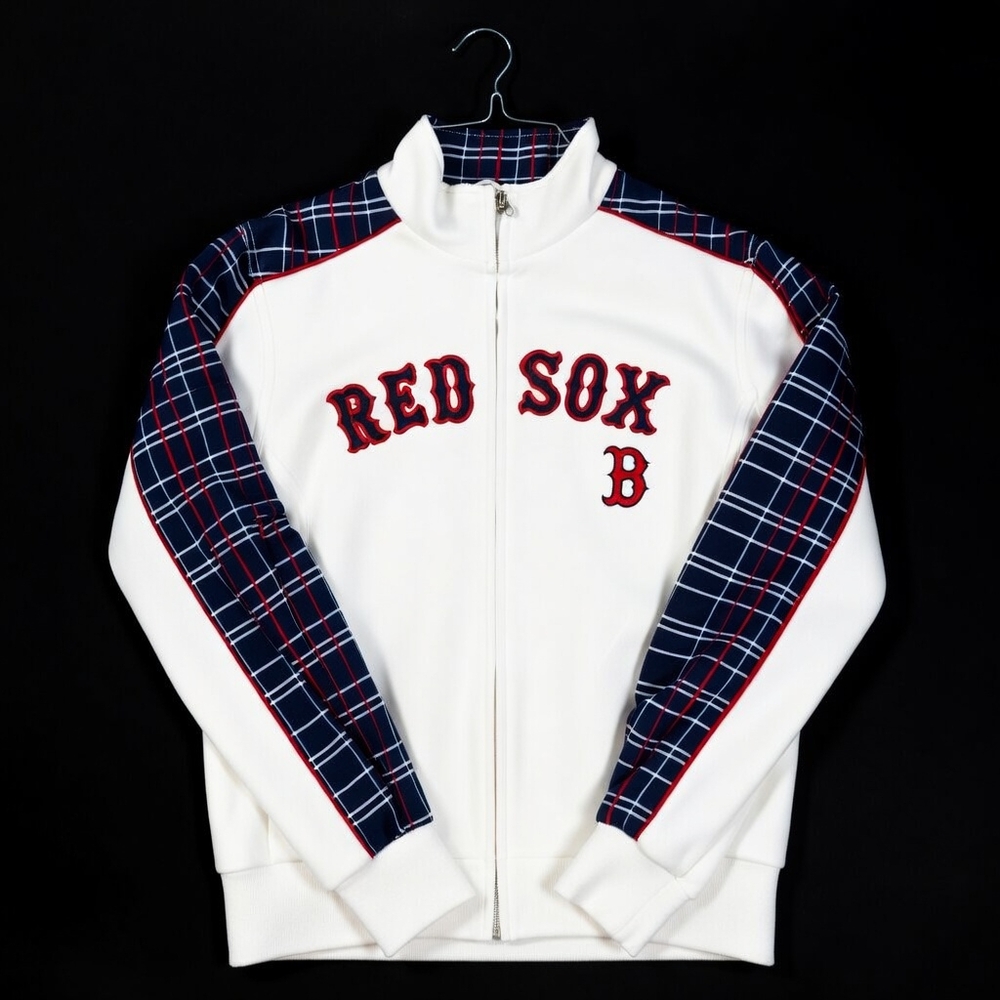 Boston Red Sox Full-Zip Jacket — White with Navy Plaid Sleeves